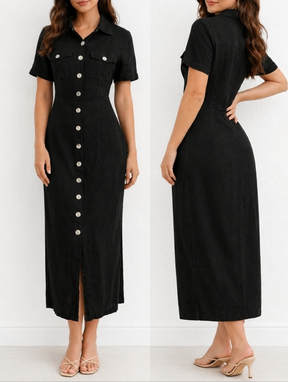 Vintage Robbie Bee Linen Blend Button Front Midi Dress | Minimalist 90s Size 6